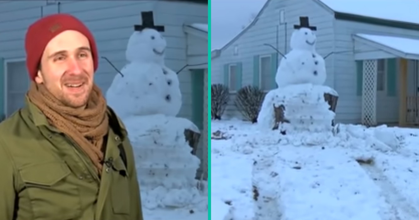 Karma op zijn best: Idioot probeert sneeuwman omver te rijden