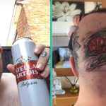 Man laat grote tattoo van merk bier aan zijn achterhoofd aanbrengen om zijn liefde voor drinken te tonen