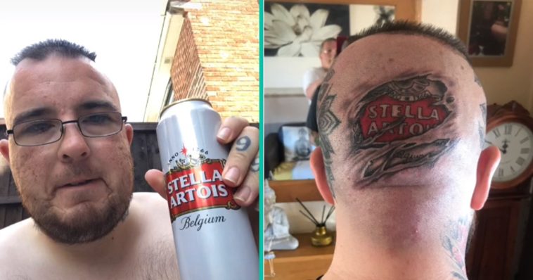 Man laat grote tattoo van merk bier aan zijn achterhoofd aanbrengen om zijn liefde voor drinken te tonen