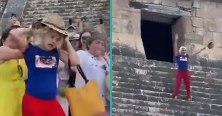 Boze menigte roep om het offeren van een toerist nadat ze de heilige Maya piramide heeft beklommen