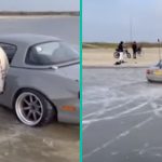 Youtuber rijdt met zijn auto over ijs en zakt erdoor!