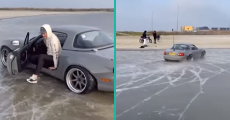 Youtuber rijdt met zijn auto over ijs en zakt erdoor!