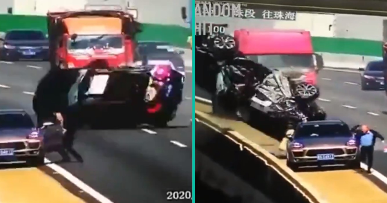 Man die aan de kant staat vanwege autopech, moet ineens rennen voor zijn leven!