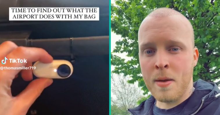 Man die benieuwd is naar wat er gebeurt met zijn bagage op de luchthaven, bevestigd een camera aan zijn koffer!